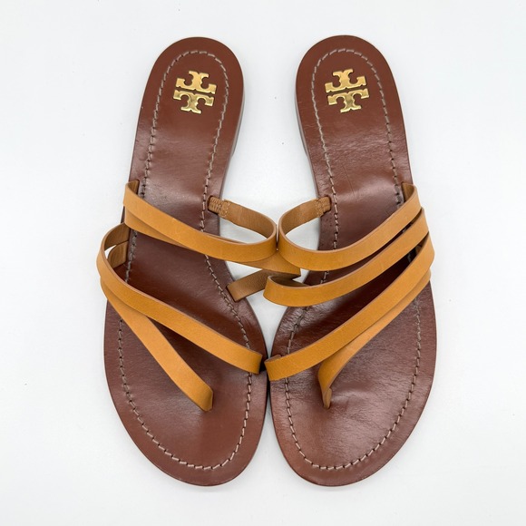 TORY BURCH Patos Flat Sandals Women 8.5 Tan Strappy Thong Vacation Resort Casual - Picture 4 of 10